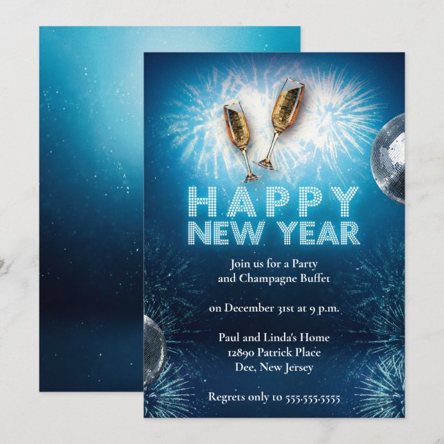 Elegant Bright Blue New Years Eve Party Invitation (Front/Back)