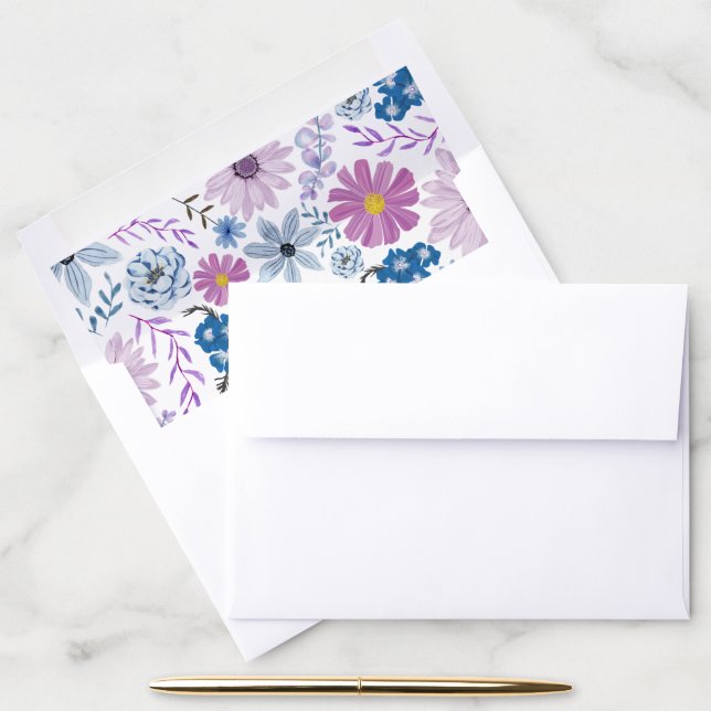 Elegant bright blue pink flower wedding vibe envelope liner (Desk)