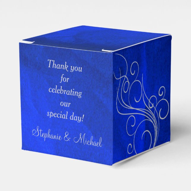 Elegant Bright Blue Silver Swirl Favor Boxes (Front Side)