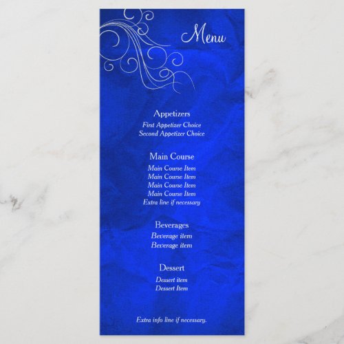 Elegant Bright Blue Silver Wedding Menu Card