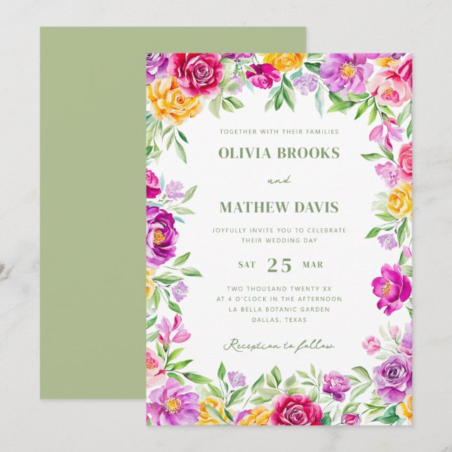 Elegant Bright Colorful Watercolor Floral Wedding Invitation (Front/Back)