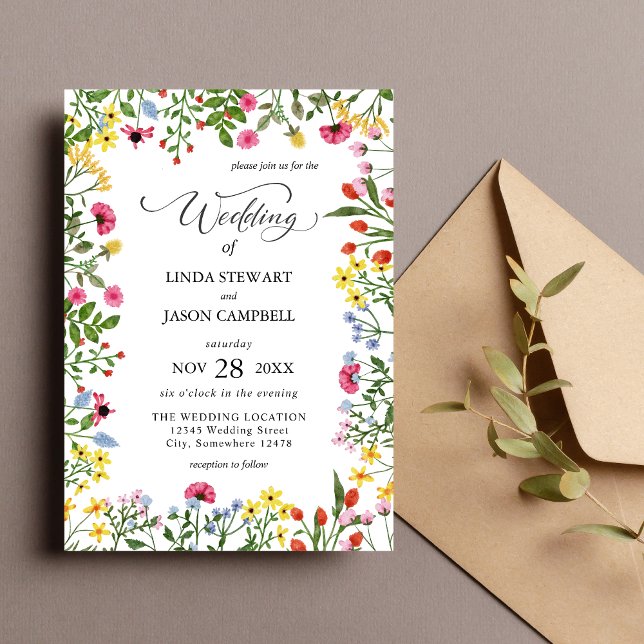  Elegant Bright Colorful Wildflower Floral Wedding Invitation (Creator Uploaded)