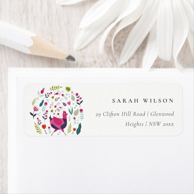 Elegant Bright Folk Farm Floral Birdie Address Label (Insitu)