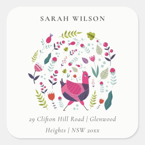 Elegant Bright Folk Farm Floral Birdie Address Square Sticker