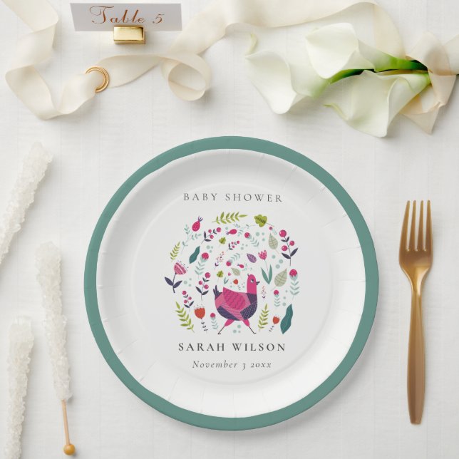 Elegant Bright Folk Farm Floral Birdie Baby Shower Paper Plates (Wedding)