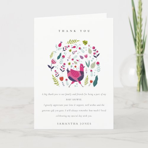 Elegant Bright Folk Farm Floral Birdie Baby Shower Thank You Card