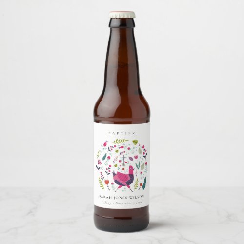 Elegant Bright Folk Farm Floral Birdie Baptism Beer Bottle Label