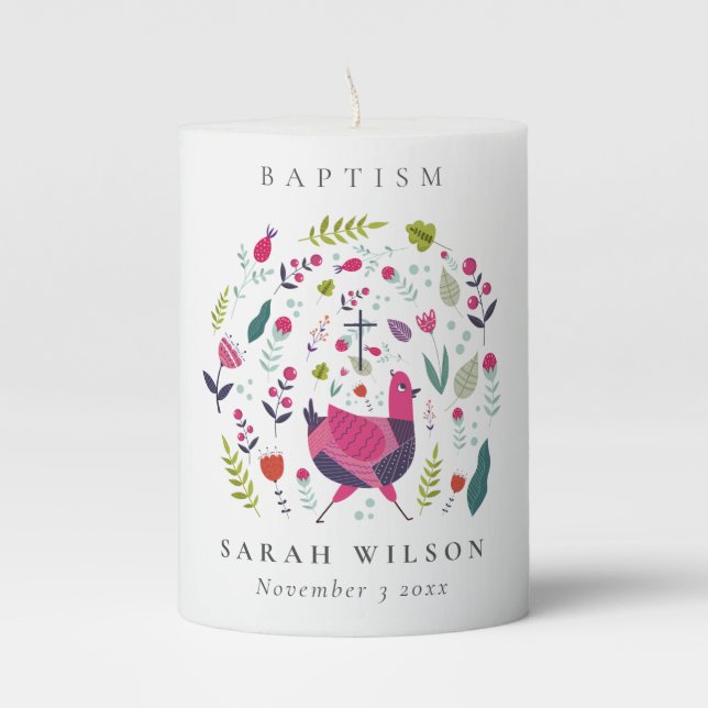 Elegant Bright Folk Farm Floral Birdie Baptism Pillar Candle (Front)
