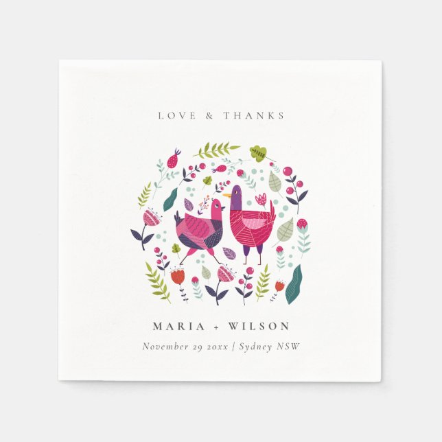 Elegant Bright Folk Farm Floral Love Birds Wedding Napkins (Front)