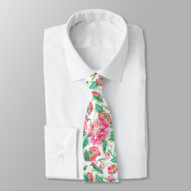 Elegant Bright Girly Pink Flowers Pattern Neck Tie (Tied)