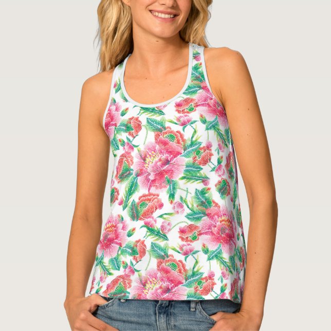 Elegant Bright Girly Pink Flowers Pattern Tank Top (Front)