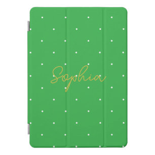 Elegant Bright Green Gold Polka Dot Script Name iPad Pro Cover