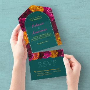 Elegant bright green hot pink floral wedding all in one invitation