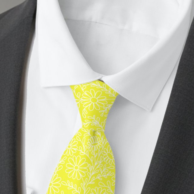 Elegant Bright Lemon Yellow Floral Pattern Neck Tie (Creator Uploaded)