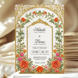 Elegant Bright Orange Pink Floral Baroque Wedding  Invitation