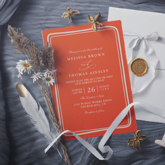 Elegant Bright Orange Retro Unique QR Code Wedding Invitation (Creator Uploaded)