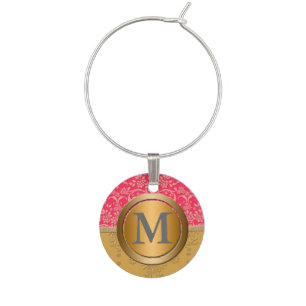 Elegant Bright Pink and Gold Fancy Damask Monogram Wine Charm
