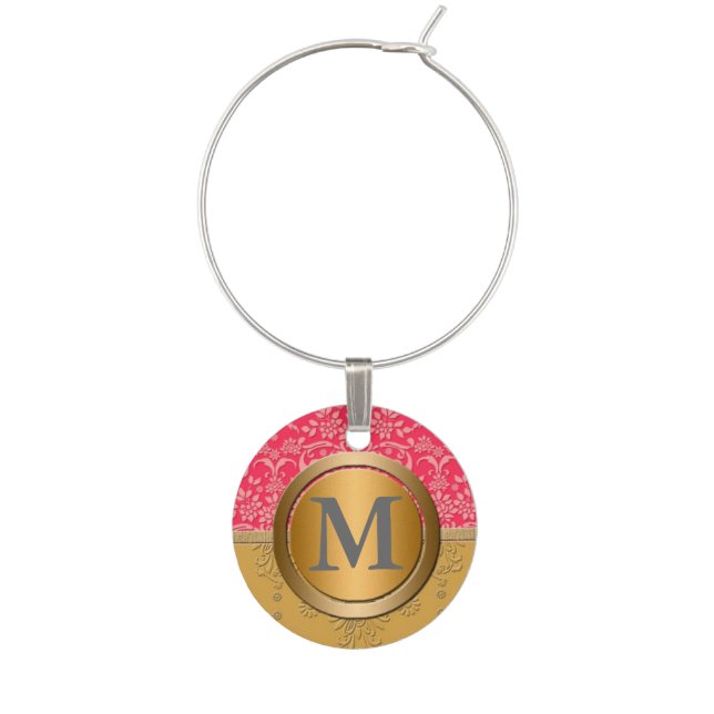 Elegant Bright Pink and Gold Fancy Damask Monogram Wine Charm (Front)