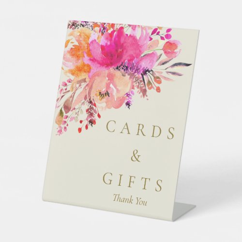 Elegant Bright Pink Floral Wedding Cards and Gifts Pedestal Sign