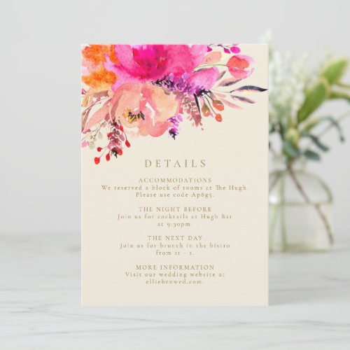 Elegant Bright Pink Floral Wedding Details Card