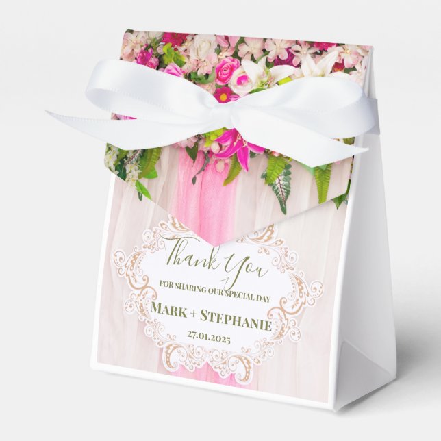 Elegant Bright Pink Floral Wedding Favor Boxes (Front Side)