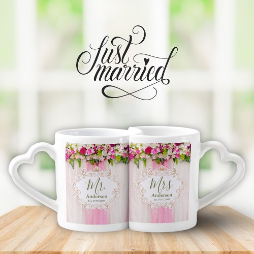 Elegant Bright Pink Floral Wedding Mr and Mrs Co Coffee Mug Set