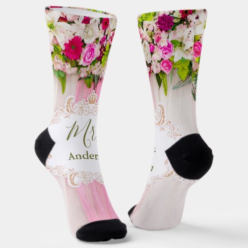 Elegant Bright Pink Floral Wedding Mrs Socks