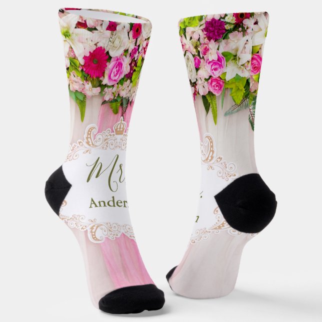 Elegant Bright Pink Floral Wedding Mrs. Socks (Angled)