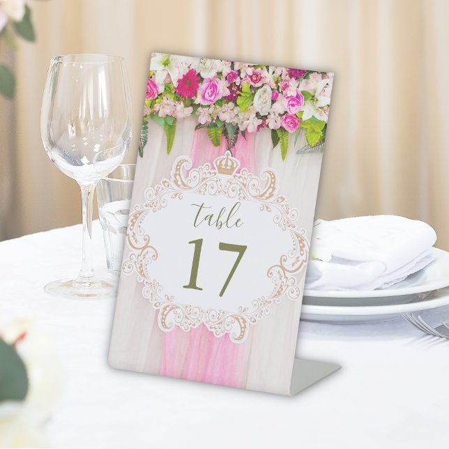 Elegant Bright Pink Floral Wedding table number Pedestal Sign (Creator Uploaded)