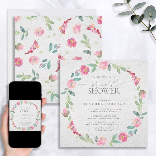 Elegant Bright Pink Floral Wreath Bridal Shower Invitation