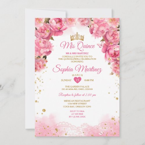 Elegant Bright Pink Flowers Gold Girl Mis Quince Invitation