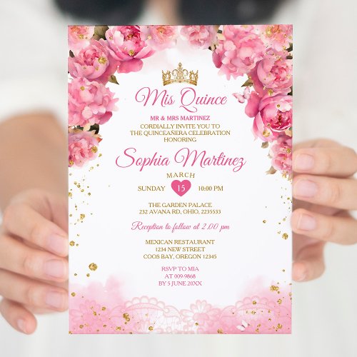 Elegant Bright Pink Flowers Gold Girl Mis Quince Invitation