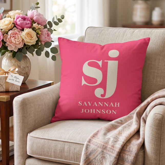 Elegant bright pink monogram initials  throw pillow (Creator Uploaded)
