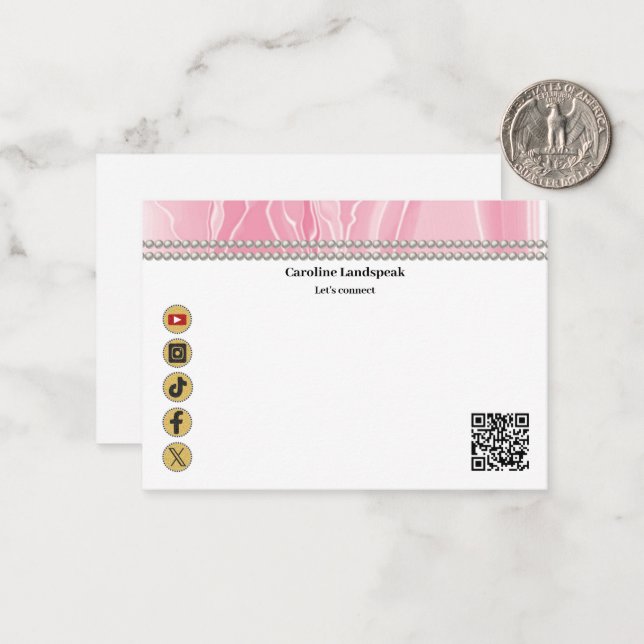 Elegant Bright Pink Silk, Social Media & QR Code Note Card (Front/Back In Situ)