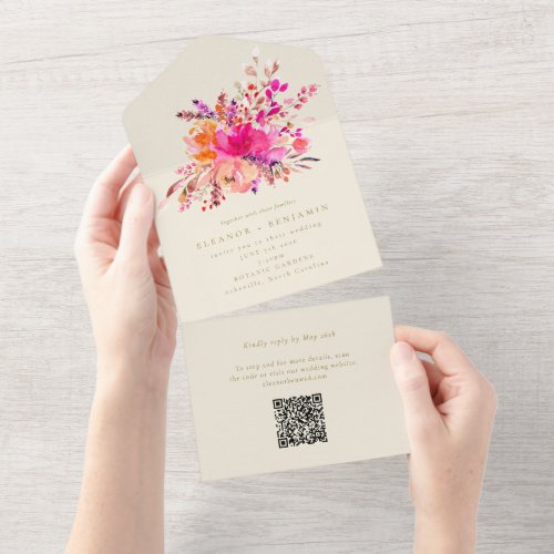 Elegant Bright Pink Watercolor Floral Wedding All In One Invitation