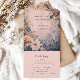 Elegant Bright Pink Watercolor Floral Wedding All In One Invitation