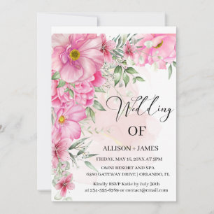 Elegant Bright Pink Watercolor Floral Wedding Invitation