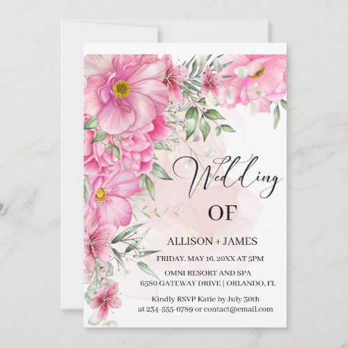 Elegant Bright Pink Watercolor Floral Wedding  Invitation