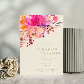 Elegant Bright Pink Watercolor Floral Wedding Invitation