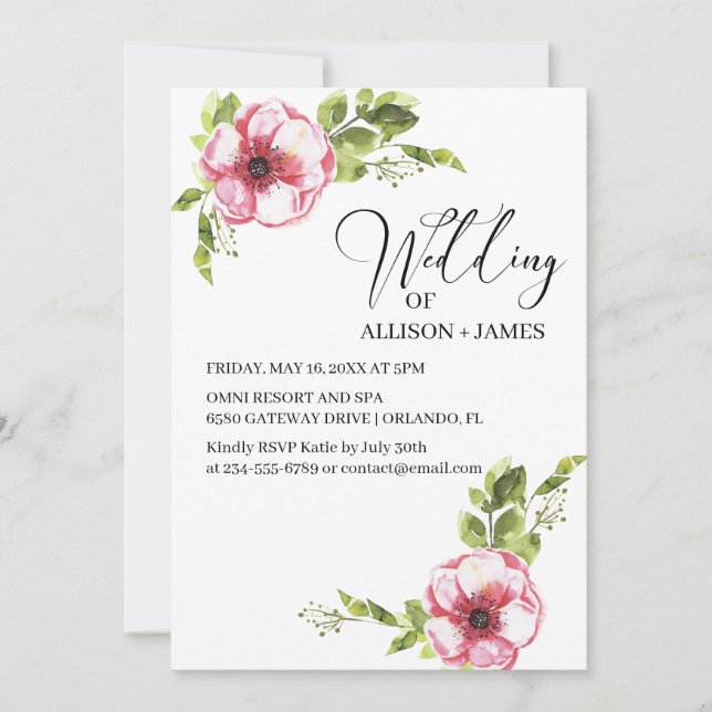 Elegant Bright Pink Watercolor Floral Wedding  Invitation (Front)