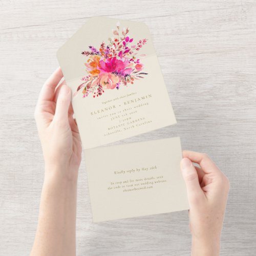 Elegant Bright Pink Watercolor Flowers Wedding All In One Invitation