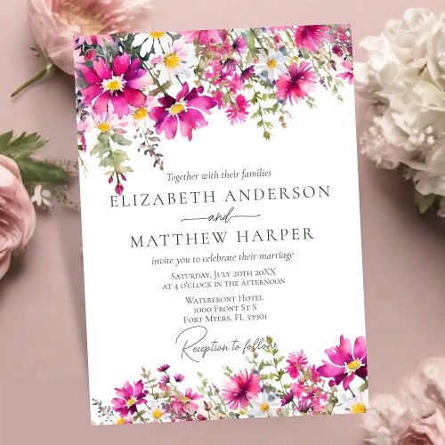 Elegant Bright Pink Wildflowers Floral Wedding Invitation