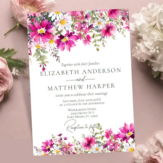 Elegant Bright Pink Wildflowers Floral Wedding Invitation (Creator Uploaded)