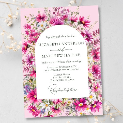 Elegant Bright Pink Wildflowers Floral Wedding Invitation