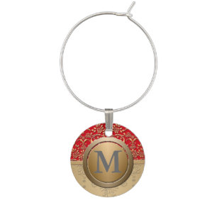 Elegant Bright Red and Gold Fancy Damask Monogram Wine Glass Charm