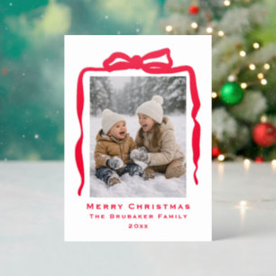 Elegant Bright Red Bow Christmas Holiday Photo   Letterpress Photo Cards