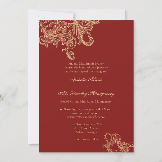 Elegant Bright Red Flourish Wedding Parents Names Invitation (Front)