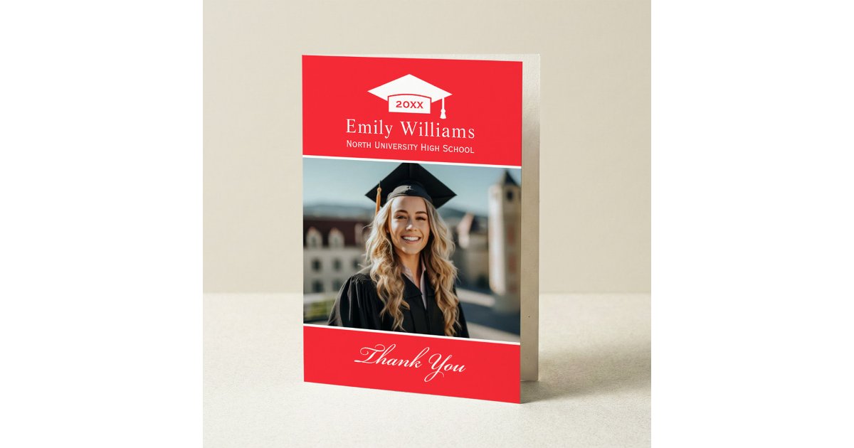 Elegant Bright Red Personalized Graduation Photo Thank You Card | Zazzle