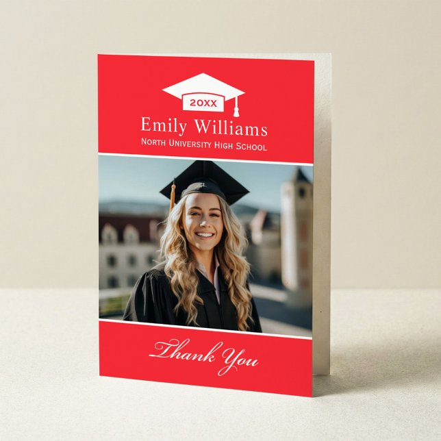Elegant Bright Red Personalized Graduation Photo Thank You Card (Creator Uploaded)