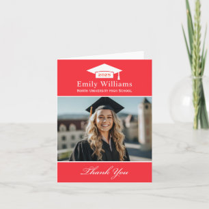 Elegant Bright Red Personalized Graduation Photo Thank You Card